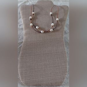 New Handmade White Pearl & Sunset Brown Leather 2-Strand Necklace